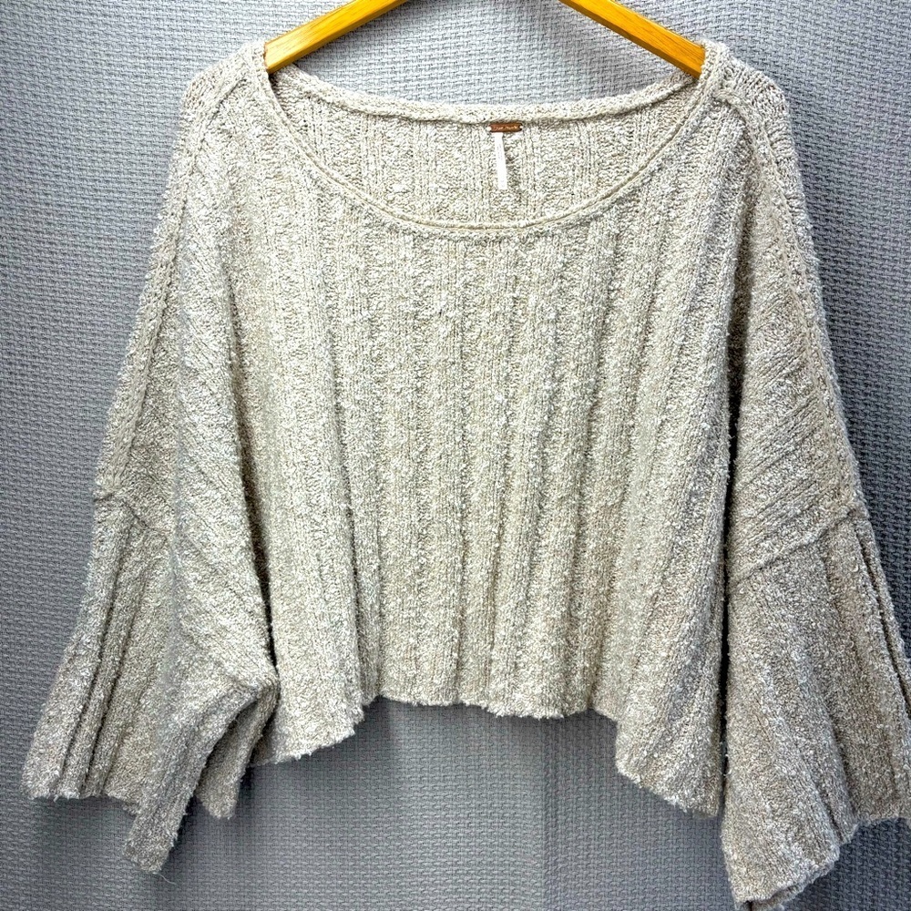 Free People Good Day Beige Sweater Women Med Knit Oversized Loose Boho Crop Top